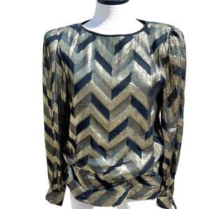 Rimini Top Womens Vintage Rayon Metallic Zig Zag Pattern Side Snap Gold Black